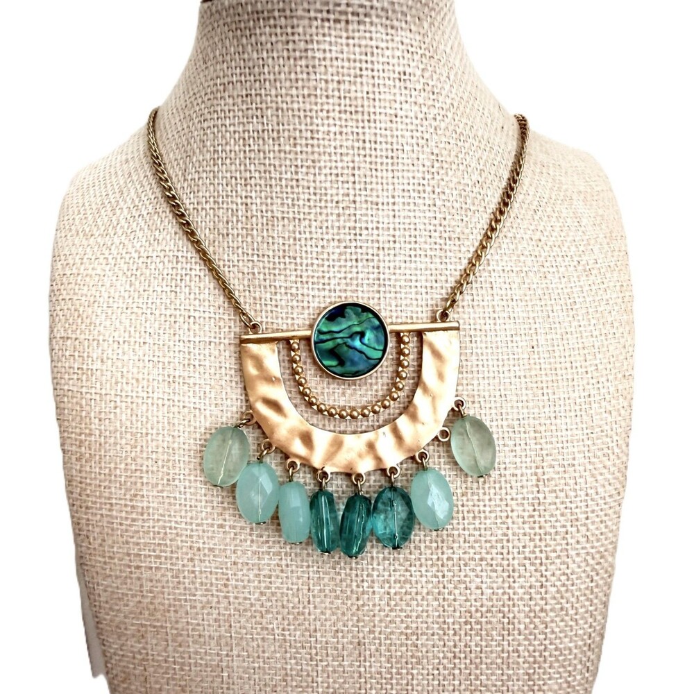 Gold Tone Abalone Shell Sea Glass Fringe Statement Necklace NWT